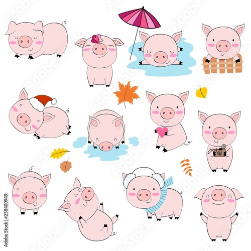 Vector set of cartoon pink pigs in various poses and different emotions.