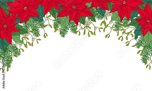 Christmas frame made of poinsettia, leaves, fir and mistletoes. Vector objects on white background.