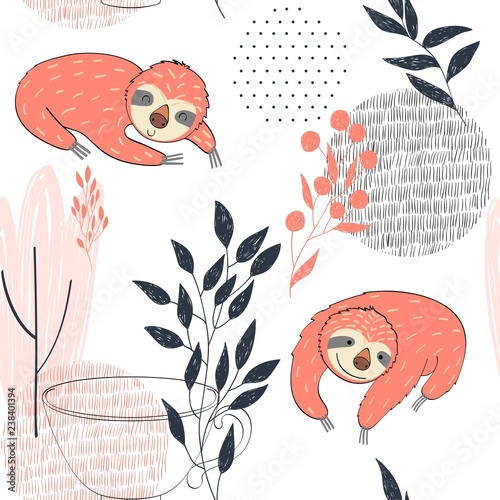 Seamless pattern. Vector hand drawn illustration with funny sloths.