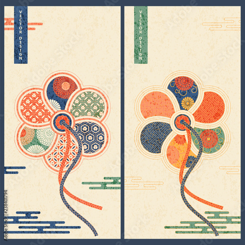 vector colorful vintage japanese set with two card templates with different japanese patterns. design for business, products, paper