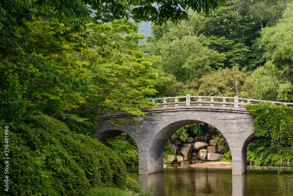 The beautiful scenery with bridge over the pond and trees in the park of Bulguksa temple, Gyeongju, South Korea. The beautiful scenery with bridge over the pond and trees in the park of Bulguksa temple, Gyeongju, South Korea.