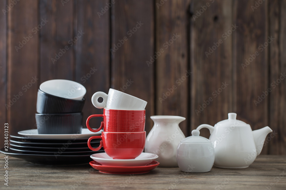 dinnerware on wooden background in kitchen dinnerware on wooden background in kitchen