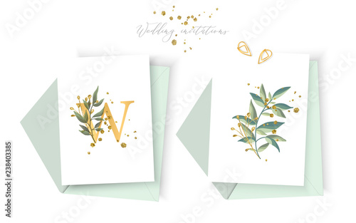 Wedding floral golden invitation card envelope save the date