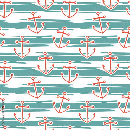 Seamless pattern red anchor on a white background with blue stripes