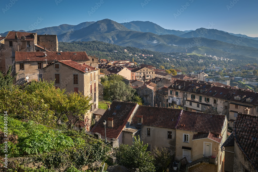 Historical corsicanse town Corte viewed from above, France