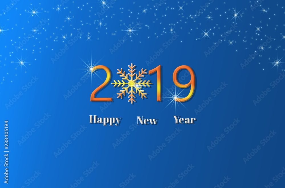 Naklejka happy new year 2019 lettering design ornaments modern text and number celebration greeting holiday festival on blue background with star and snowflakes.