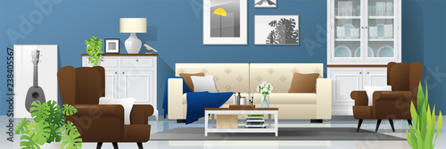 Living room background with wooden furniture , plants and blue wall  in modern rustic style , vector , illustration