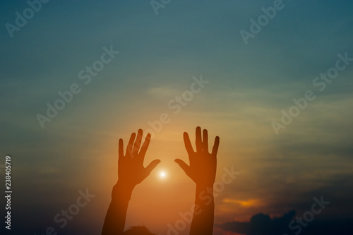 Hand and shadow in the corner. sunset And there is show of love. silhouette concept With copy space
