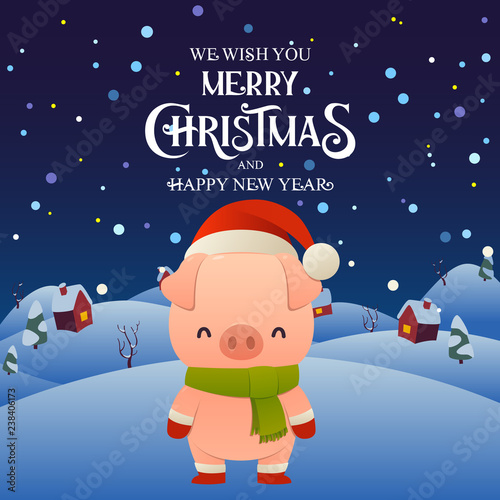 Cute cartoon pig in Santa Claus hat character Merry Christmas and Happy New Year background photo