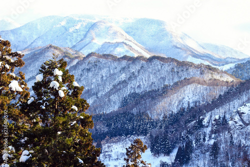 beautiful view in winter from Yamadera mountain in Yamagata Japan photo