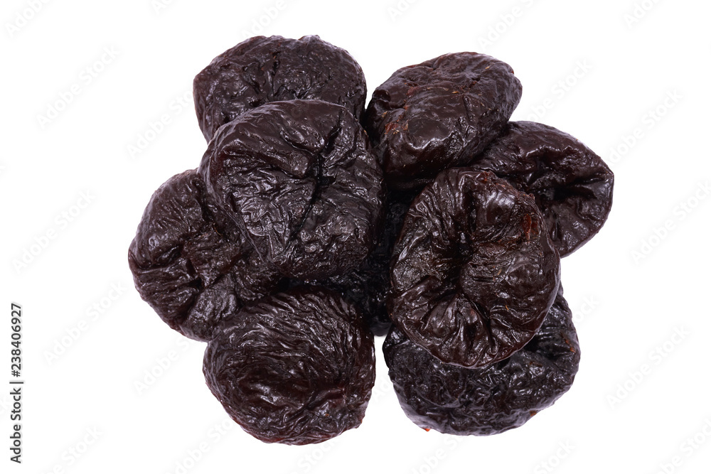 Close up picture of dried plums isolated on white. Close up picture of dried plums isolated on white.