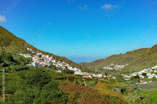Fertile valley with mango and oranges fruit plantations, vineyards and avocados orchards near Agaete, Gran Canaria, Canary islands, Spain