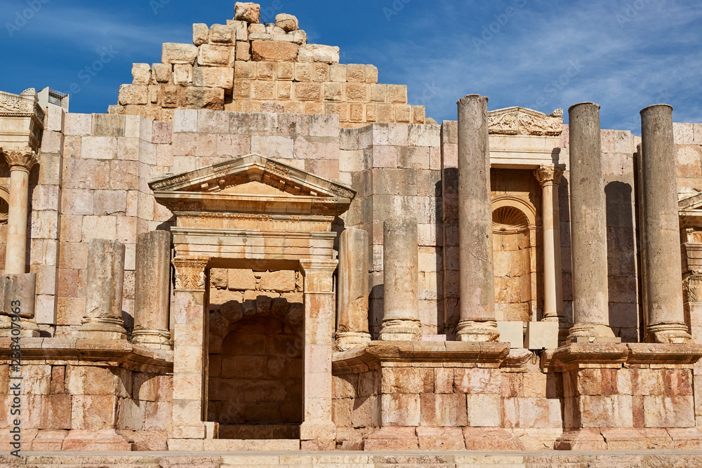 Ruins of North Roman Theatre Stage in december, Jerash , Jordan