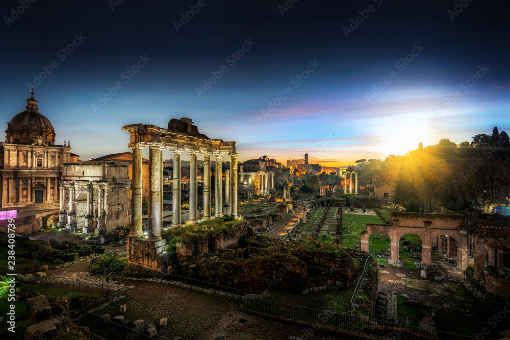 Imperial Fora (Fori Imperiali - Imperial Forum) During the Sunrise Time. Imperial Fora is situated in the Old Rome,it is one of the most famous attraction of the Capital. With Coliseum Background.