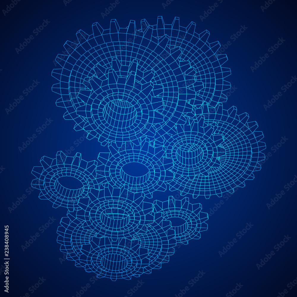 Gears. Mechanical technology machine engineering symbol. Industry development, engine work, business solution concept. Wireframe low poly mesh vector illustration Gears. Mechanical technology machine engineering symbol. Industry development, engine work, business solution concept. Wireframe low poly mesh vector illustration