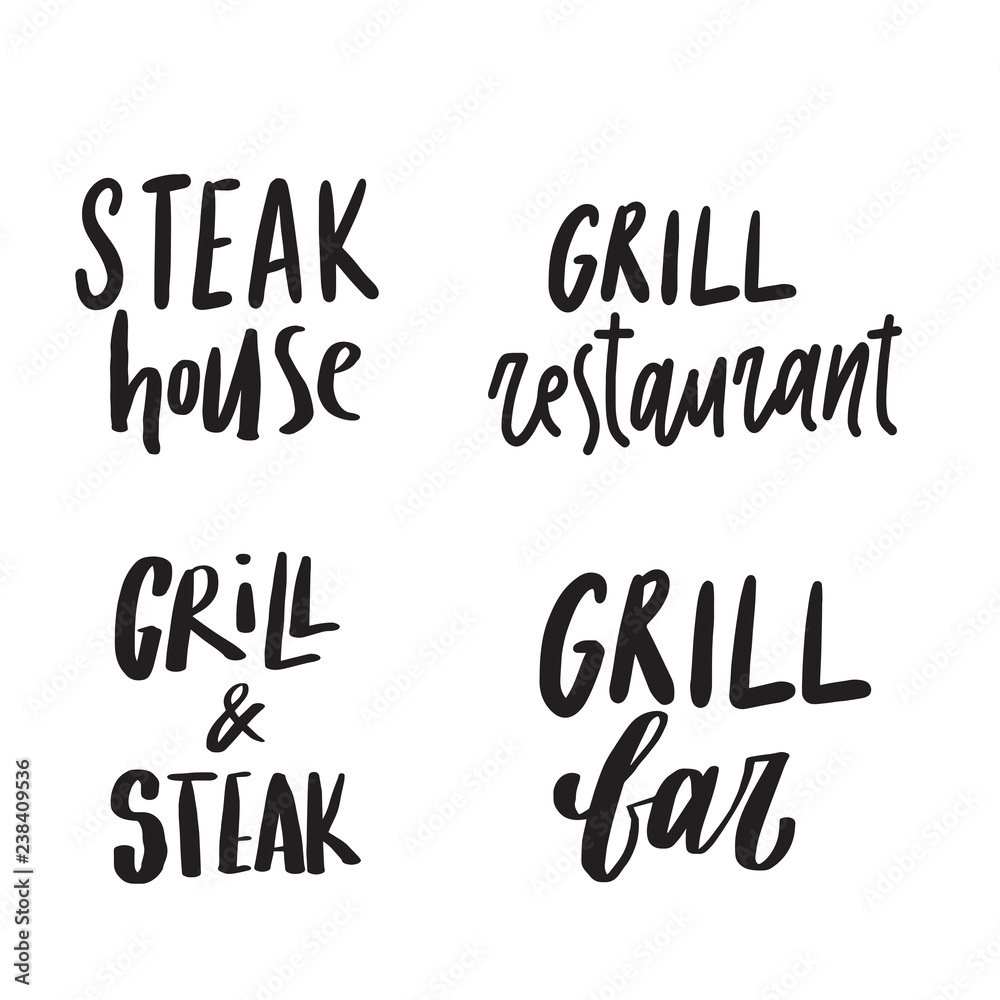 Set of hand drawn logo concepts for grill. steak bar, restaurant. Lettering.
