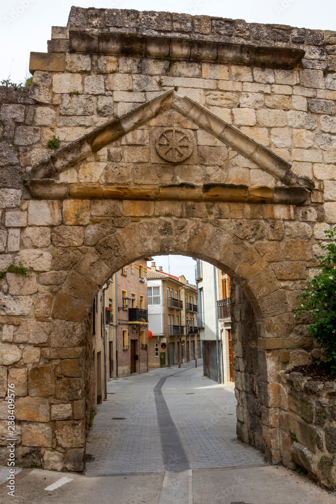 View through the old Gate of Castile, Puerta de Castilla in the town of Estella or Lizzara, Navarre Spain