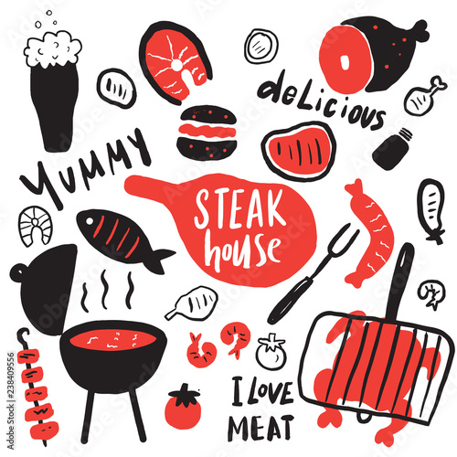 Steak house. Funny hand drawn elements and phrases about tasty food. Grill, barbeque, steak restaurant design concept. Isolated on white background, made in vector.