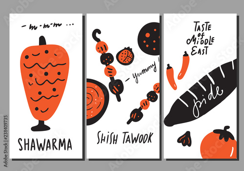 Middle eastern food. Set of flyers with hand drawn elements and lettering. Kebab, pide turkish traditional pie , shawerma.