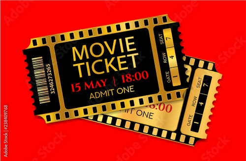 Admission movie ticket template. Vector mockup pass (tear-off) with gold and black film tape creative background design. Useful for cinema, music event, entertainment show, concert entry