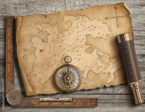 Old medieval island map with compass and spyglass. Adventure and travel concept. 3d illustration.