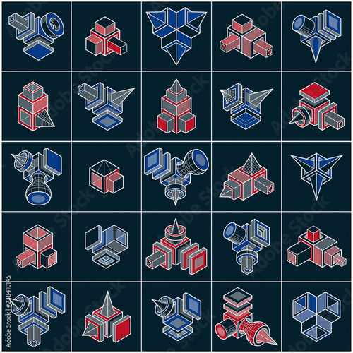 Abstract three dimensional shapes set, vector designs.