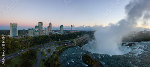 Beautiful aerial panoramic view of Niagara Falls during a vibrant sunrise. Located near Toronto, Ontario, Canada. © edb3_16