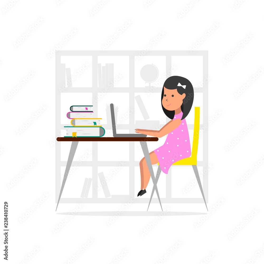 Fototapeta premium Small girl at home using a laptop computer.