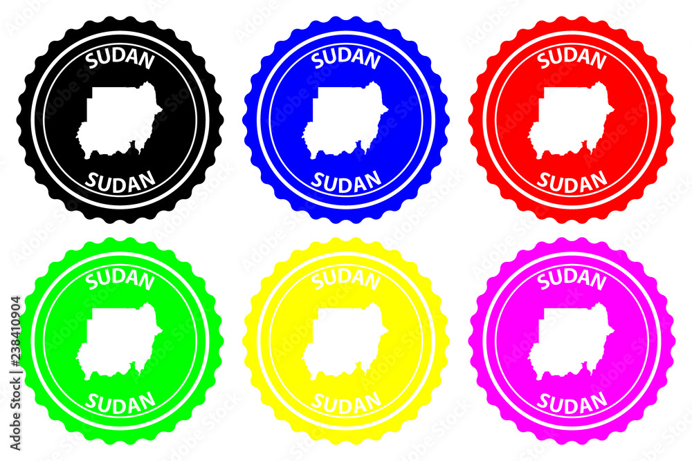 Sudan - rubber stamp - vector, Republic of the Sudan (North Sudan) map pattern - sticker - black, blue, green, yellow, purple and red Sudan - rubber stamp - vector, Republic of the Sudan (North Sudan) map pattern - sticker - black, blue, green, yellow, purple and red