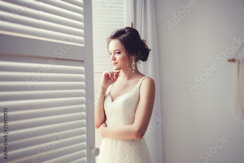 Wedding fashion bride in dress posing near window