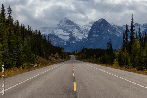 Beautiful view of a scenic road in the Canadian Rockies during Fall Season. Taken in Icefields Pkwy, Jasper, Alberta, Canada. © edb3_16