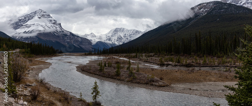 Scenic panoramic view of the Canadian Rocky Mountain Landscape during Fall Season. Taken in Icefields Pkwy  Jasper  Alberta  Canada.