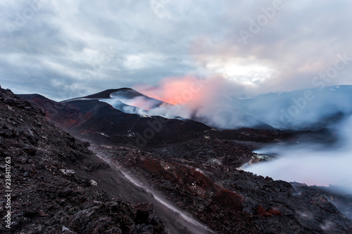 Crater of erupting volcano Tolbachik, Kamchatka Peninsula, Russia