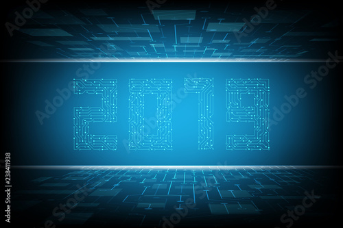 Vector circuit board with text number 2019 and polygon on blue background  for technology communication concept, Happy New Year background concept.