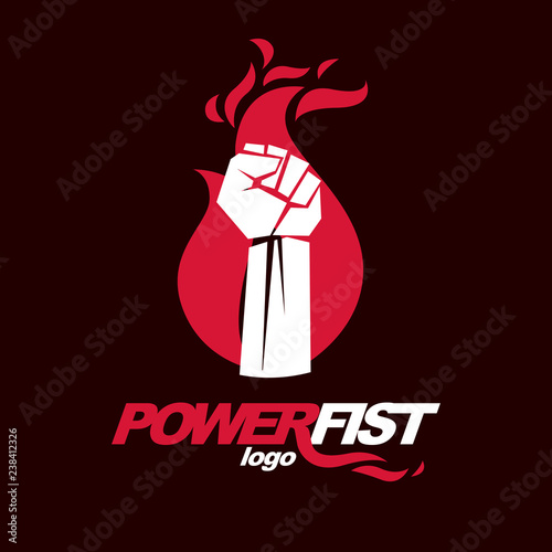 Vector illustration of clenched fist in the burning fire. Revolution idea symbol can be used as tattoo.