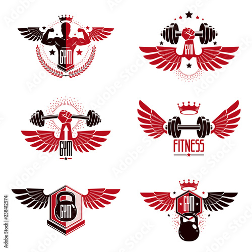 Fitness and heavyweight gym sport club logotype templates, retro style vector emblems set.