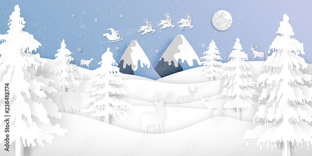 Paper art , cut and digital craft style of Santa Claus on Sleigh and Reindeer with deers in the merry christmas night and  happy new year as holiday and x'mas day concept. vector illustration.