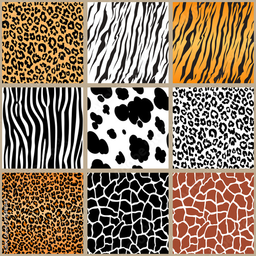 animal skin seamless pattern set, vector illustration Background with african tiger, zebra, giraffe, cheetah, cow,
dalmatian