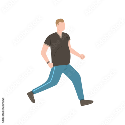 Portly man with big belly running on isolated background. Pudgy. Motion, action. Can be used for topics like overweight, activity, losing weight 