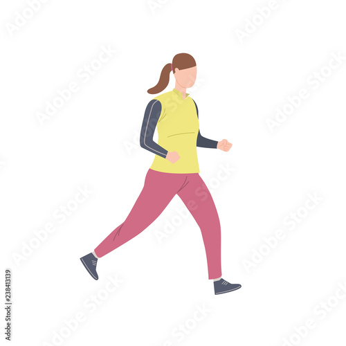 Portly woman running on isolated background. Recreation, motion, action. Can be used for topics like losing weight, exercise, outdoor training