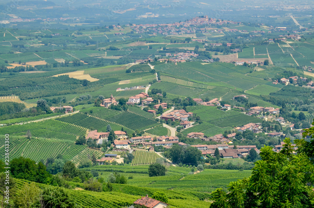 La Morra, province of Cuneo, Piedmont, Italy. July 15, 2018. In the Langhe territory, La Morra is a village on top of a hill that gives an enchanting lookout over the typical vineyards of the area.