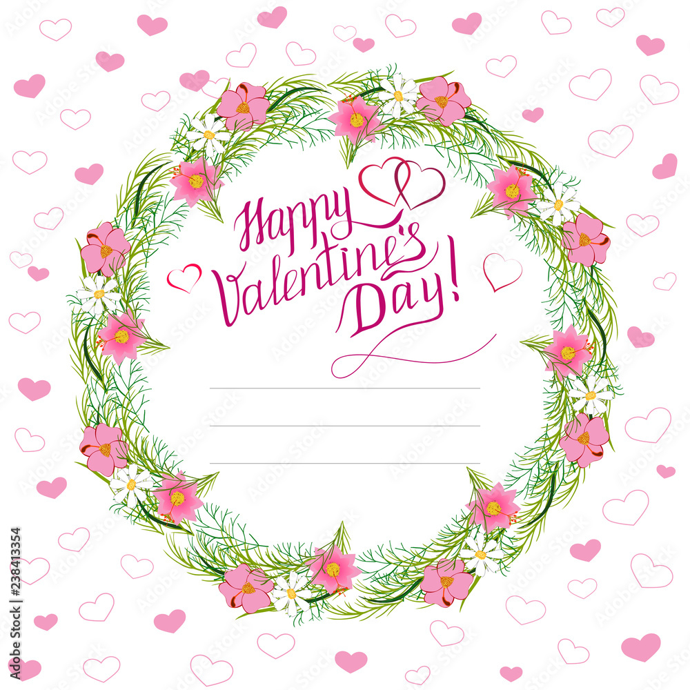 Floral wreath for Valentine's day with congratulations and hearts on a white background for decoration of postcards, posters, paper, gifts, stickers, covers.