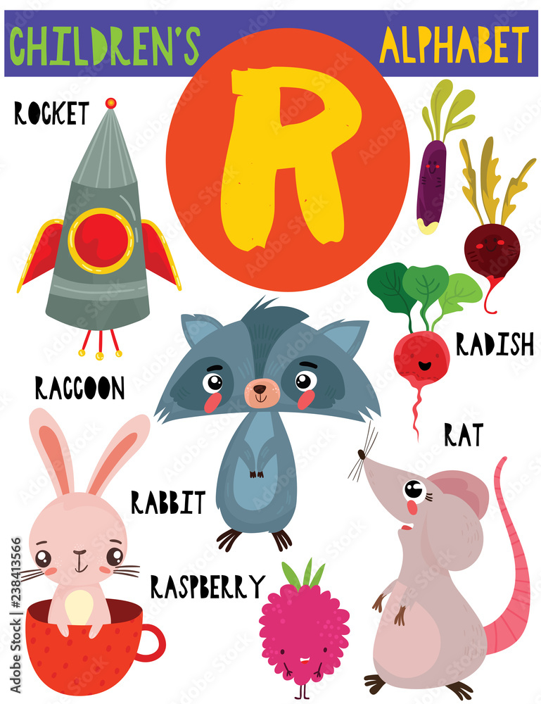 Letter  children's alphabet with adorable animals and other   for kids learning English  vector  illustration. Stock Vector | Adobe Stock