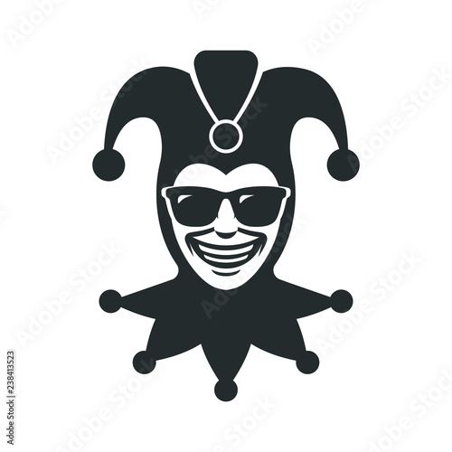 The laughing Joker in sunglasses. Jester icon. Buffoon logo