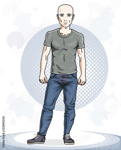 Happy hairless young adult man standing. Vector character wearing sport clothes, healthy lifestyle and fitness theme.