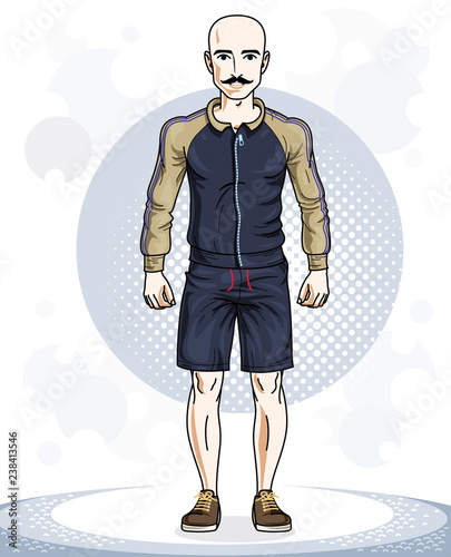 Handsome hairless young man posing. Vector illustration of sportsman with mustaches. Work out and training theme.