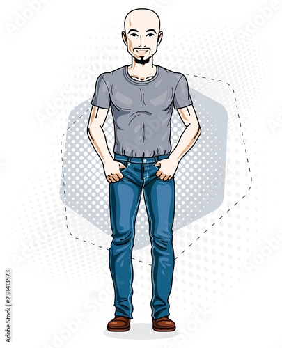 Handsome hairless young man poses on modern background. Vector illustration of male with beard and mustaches. Lifestyle theme clipart.