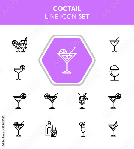 Cocktail line icon set. Vermouth, margarita, pina colada. Alcoholic drinks concept. Can be used for topics like bar, party, celebration