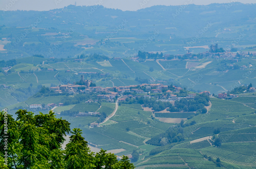 Obraz premium La Morra, province of Cuneo, Piedmont, Italy. July 15, 2018. In the Langhe territory, La Morra is a village on top of a hill that gives an enchanting lookout over the typical vineyards of the area.