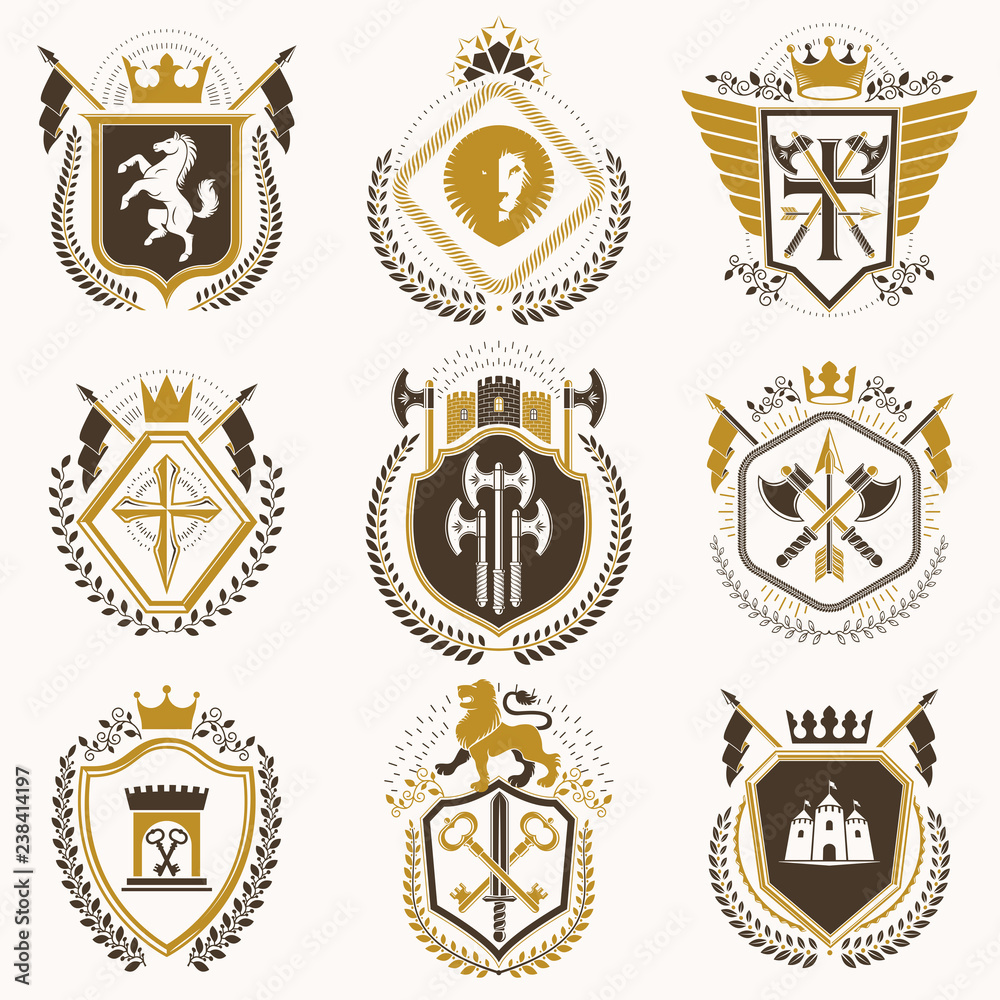 Vector vintage heraldic Coat of Arms designed in award style. Medieval towers, armory, royal crowns, stars and other graphic design elements collection.